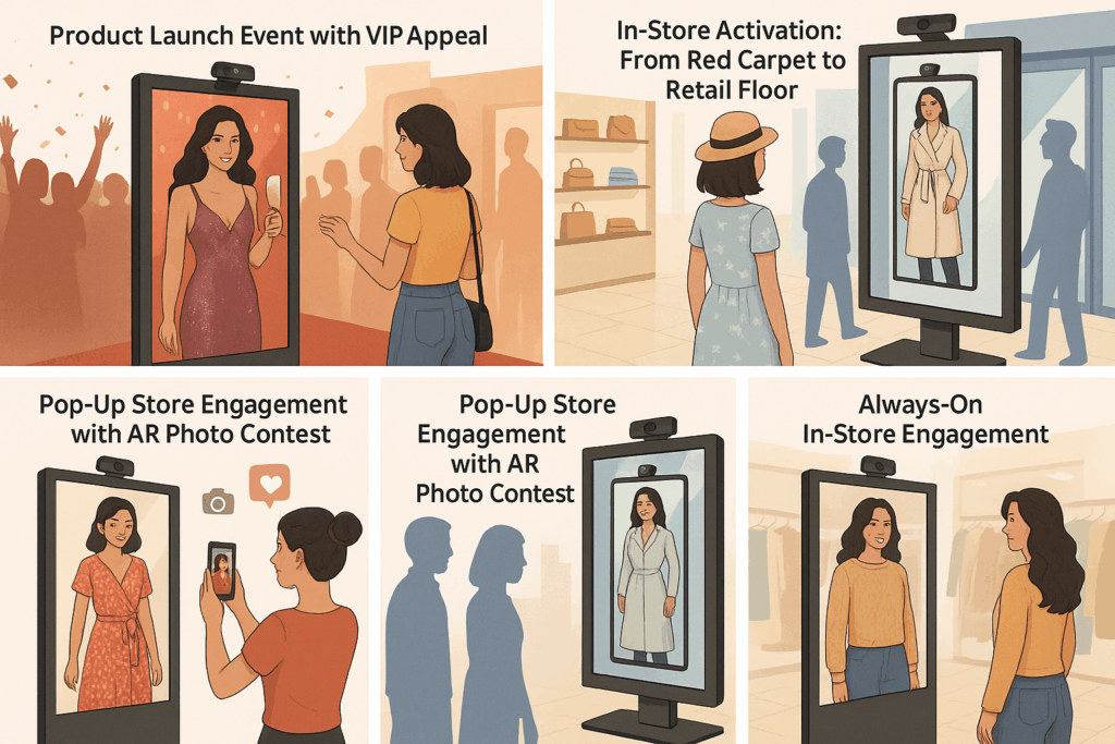 Fashion customer using AR Mirror for virtual try-on in retail store