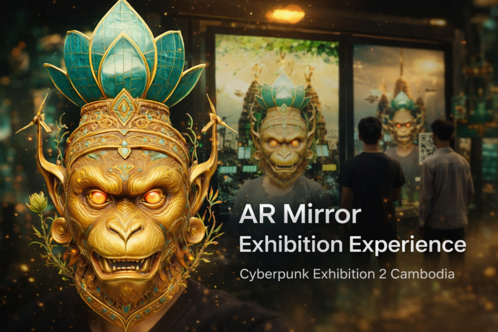AR Mirror interactive installation at cyberpunk exhibition in Cambodia